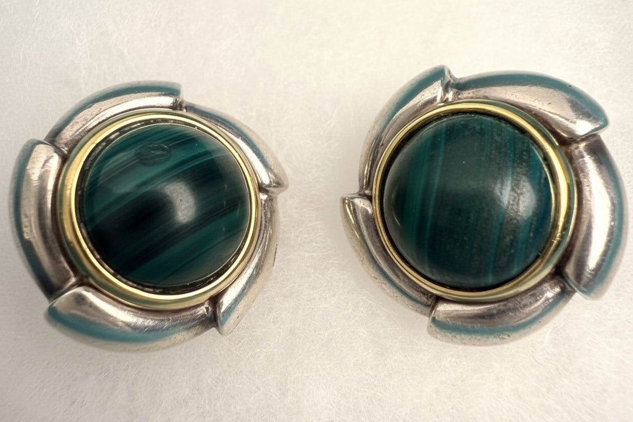 Tiffany & Co Malachite Earrings 925 Sterling Silver 750 Gold Omega Clip Signed - Coyle Fine Jewelry & Timepieces