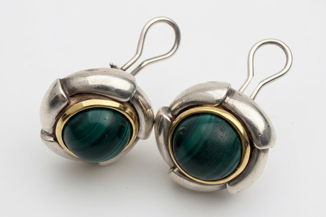 Tiffany & Co Malachite Earrings 925 Sterling Silver 750 Gold Omega Clip Signed - Coyle Fine Jewelry & Timepieces